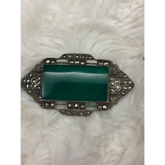 Vintage 1930s Art Deco Sterling Silver Green Agate & Marcasite Brooch - Germany - Picture 5 of 12